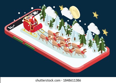 Isometric Santa claus in red sleigh by reindeer on phone screen, Father christmas new year, Merry Christmas and Happy New Year.
