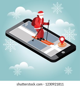 Isometric Santa Claus skiing. Santa City mobile navigation helps Santa to deliver gifts. Christmas and New Year is coming. Cross country skiing, winter sport