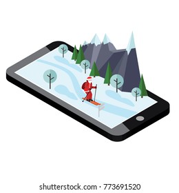 Isometric Santa Claus skiing. Santa Cross country mobile navigation helps Santa to deliver gifts. Christmas and New Year is coming. Cross country skiing, winter sport