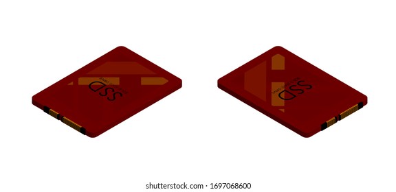 isometric sata high-speed ssd disk in red colors. Isolated vector on white background
