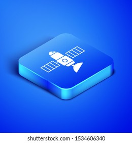 Isometric Satellite icon isolated on blue background. Blue square button. Vector Illustration