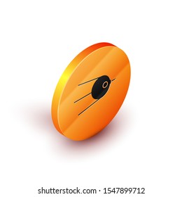 Isometric Satellite icon isolated on white background. Orange circle button. Vector Illustration