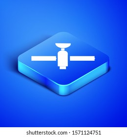Isometric Satellite icon isolated on blue background. Blue square button. Vector Illustration
