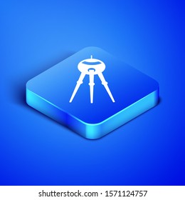 Isometric Satellite icon isolated on blue background. Blue square button. Vector Illustration