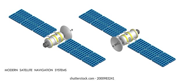 Isometric Satellite with open solar panels fly and transmit communication signal. Satellite communication and GPS navigation. Realistic 3D vector