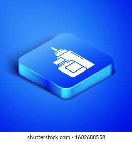 Isometric Sauce bottle icon isolated on blue background. Ketchup, mustard and mayonnaise bottles with sauce for fast food. Blue square button. Vector Illustration