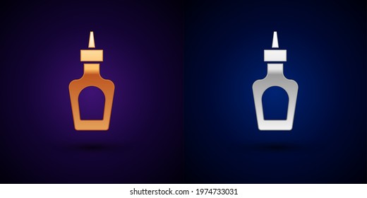 Isometric Sauce bottle icon isolated on blue background. Ketchup, mustard and mayonnaise bottles with sauce for fast food. button. Vector