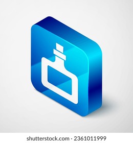 Isometric Sauce bottle icon isolated on grey background. Ketchup, mustard and mayonnaise bottles with sauce for fast food. Blue square button. Vector