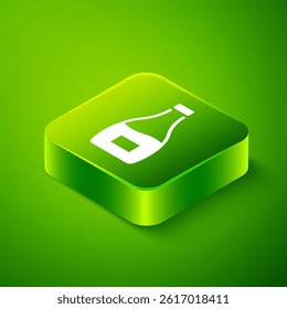 Isometric Sauce bottle icon isolated on green background. Ketchup, mustard and mayonnaise bottles with sauce for fast food. Green square button. Vector