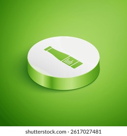 Isometric Sauce bottle icon isolated on green background. Ketchup, mustard and mayonnaise bottles with sauce for fast food. White circle button. Vector