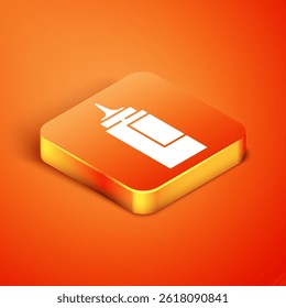 Isometric Sauce bottle icon isolated on orange background. Ketchup, mustard and mayonnaise bottles with sauce for fast food.  Vector