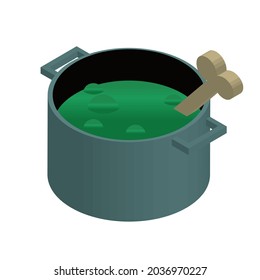 isometric saucepan with green gurgling liquid and bone sticking out of it. Halloween and horror concept. Vector illustration isolated on white