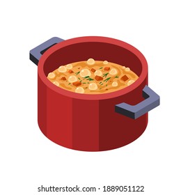 Isometric saucepan with vegetable soup isolated on white background. Stock vector