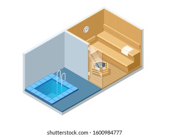 Isometric Sauna interior and cold pool. Empty Finnish Sauna, classic wooden sauna. Wooden benches and loungers accessories for sauna, spa complex in the hotel