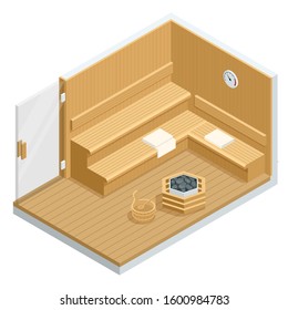 Isometric Sauna interior. Finnish sauna, classic wooden sauna. Wooden benches and loungers accessories for sauna, spa complex in the hotel