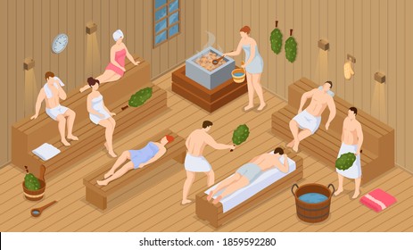 Isometric sauna or spa. Collection of people bathing in sauna or banya full of steam. Set of happy men and women taking bath, washing their bodies. Activity for wellness and recreation. Flat cartoon