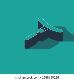 Isometric Sausage on the fork icon isolated on green background. Grilled sausage and aroma sign.  Vector Illustration