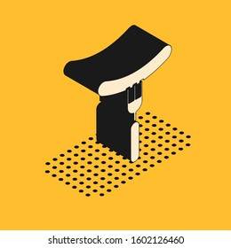 Isometric Sausage on the fork icon isolated on yellow background. Grilled sausage and aroma sign.  Vector Illustration