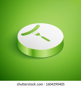 Isometric Sausage on the fork icon isolated on green background. Grilled sausage and aroma sign. White circle button. Vector Illustration