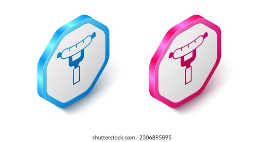 Isometric Sausage on the fork icon isolated on white background. Grilled sausage and aroma sign. Hexagon button. Vector