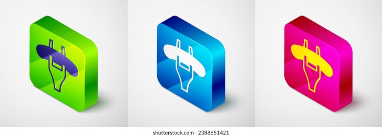 Isometric Sausage on the fork icon isolated on grey background. Grilled sausage and aroma sign. Square button. Vector