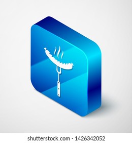 Isometric Sausage on the fork with steam icon isolated on white background. Grilled sausage and aroma sign. Blue square button. Vector Illustration
