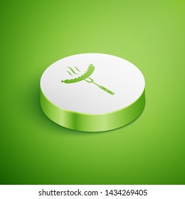 Isometric Sausage on the fork with steam icon isolated on green background. Grilled sausage and aroma sign. White circle button. Vector Illustration 