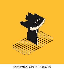 Isometric Sausage on the fork with steam icon isolated on yellow background. Grilled sausage and aroma sign.  Vector Illustration