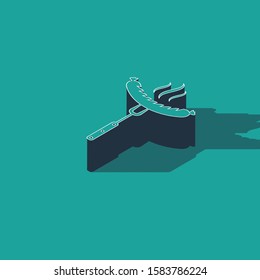 Isometric Sausage on the fork with steam icon isolated on green background. Grilled sausage and aroma sign.  Vector Illustration