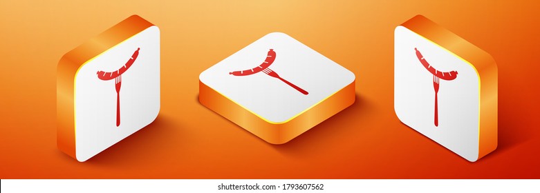 Isometric Sausage on the fork with steam icon isolated on orange background. Grilled sausage and aroma sign. Orange square button. Vector.