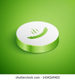 Isometric Sausage with steam icon isolated on green background. Grilled sausage and aroma sign. White circle button. Vector Illustration 