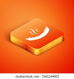 Isometric Sausage with steam icon isolated on orange background. Grilled sausage and aroma sign.  Vector Illustration