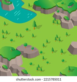 paysage de savane isométrique avec une herbe verte et un concept de vue sur le lac