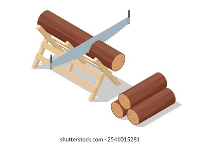 Isometric Sawing logs two-handed saw isolated on white. Lumberjack, Woodcutter, builder or carpenter instruments. Woodworking process. Handmade work.