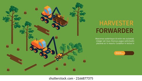 Isometric sawmill concept with harvester forwarder working in forest vector illustration