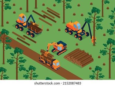 Isometric sawmill concept with woodsorking machinery in forest vector illustration