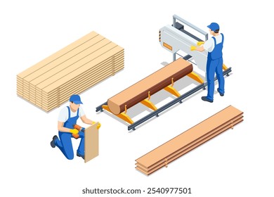 Isometric Sawmill. Furniture Making Tools and Processes. Man Joiner, Wood Production Workbench. Woodworking sawmill Production and Processing of Wooden Boards