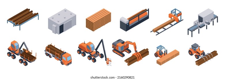 Isometric sawmill industry and labmerjack factory equipment isolated vector illustration