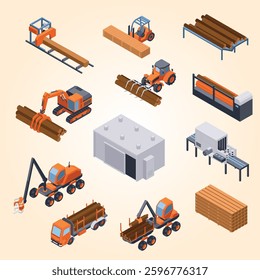 Isometric sawmill industry and labmerjack factory equipment isolated vector illustration