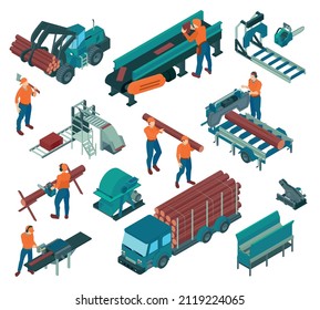 Isometric sawmill lumberjack color icon set with different equipment workers and machines vector illustration