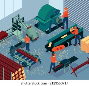 Isometric sawmill lumberjack composition with indoor view of wood plant with machinery and workers wearing uniform vector illustration