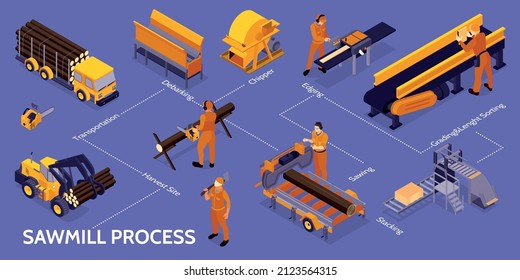 Isometric sawmill lumberjack infographic with sawmill process chipper debarking transportation harvest site and other steps vector illustration