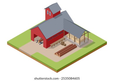 Serraria Isométrica. Lumberjack com máquinas de serra para trabalhar madeira e transporte ícones isométricos conjunto ilustração vetor isolado 3d