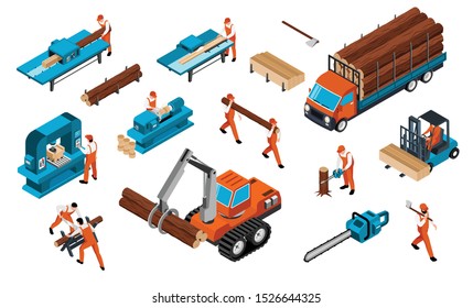 Isometric sawmill woodworking carpentry factory set of isolated icons with vehicles tools and people in uniform vector illustration