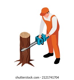 Isometric sawmill woodworking carpentry factory composition with worker sawing off tree trunk with chainsaw vector illustration