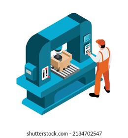 Isometric sawmill woodworking carpentry factory composition with joiners bench and worker sawing out vector illustration