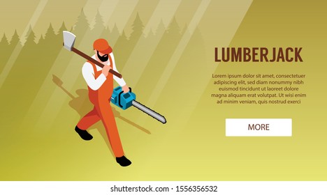 Isometric sawmill woodworking horizontal banner with forest silhouette background and human character of lumberjack with text vector illustration