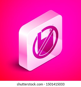 Isometric Say no to plastic bags poster icon isolated on pink background. Disposable cellophane and polythene package prohibition sign. Silver square button. Vector Illustration