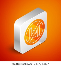 Isometric Say no to plastic bags poster icon isolated on orange background. Disposable cellophane and polythene package prohibition sign. Silver square button. Vector Illustration