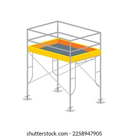 Marco de andamiaje isométrico con ilustración vectorial de construcción de bases y placas. Trabajar en plataforma de altura con protección contra caídas de barandilla.